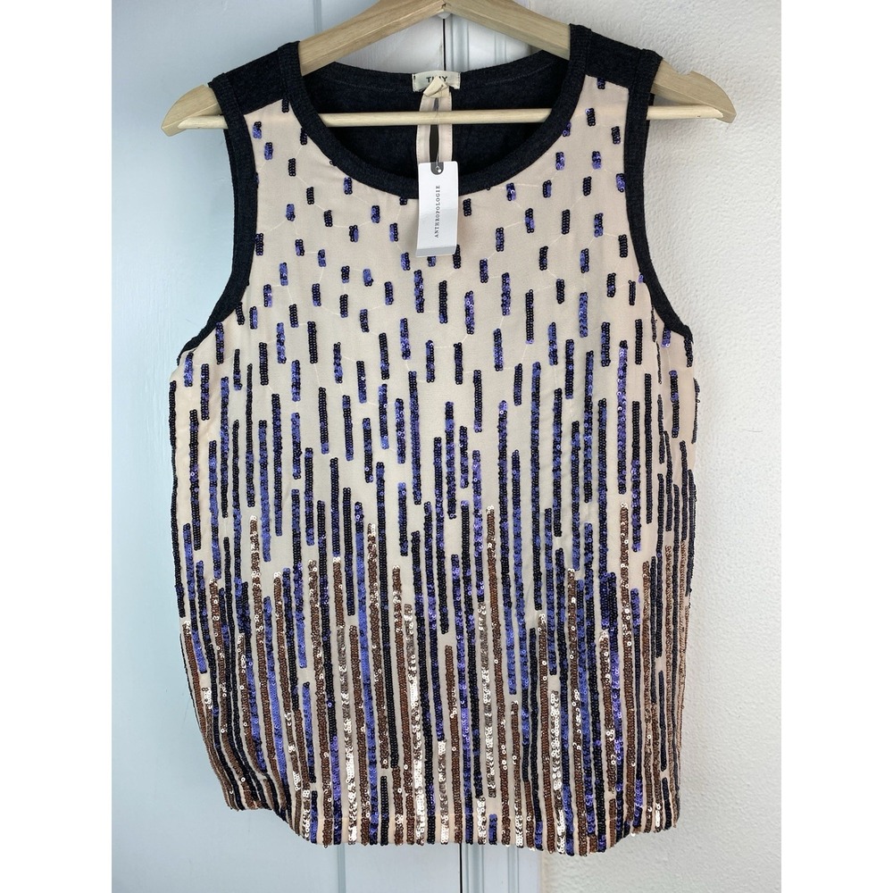NWT Anthropologie TINY Women's S Cream Gray Gold Sequin Striped Tank Top $98